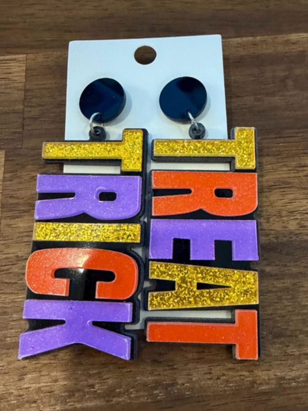 Treat Black Statement Earrings with Multicolor Glitter Letters